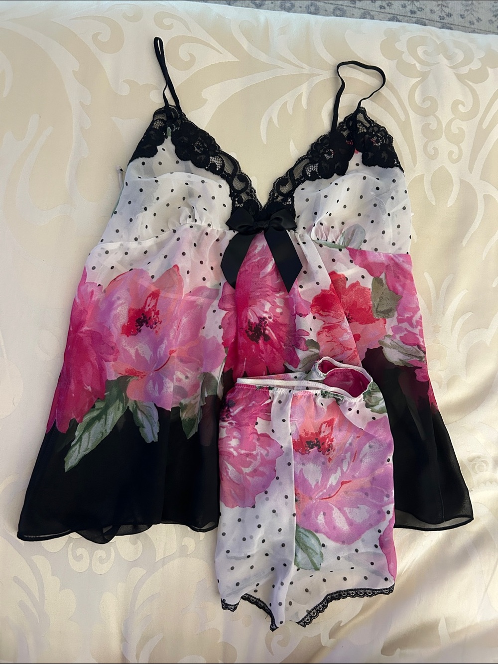 In Bloom Pink Floral Satin Cami & Short Sleep Set with Black Lace
